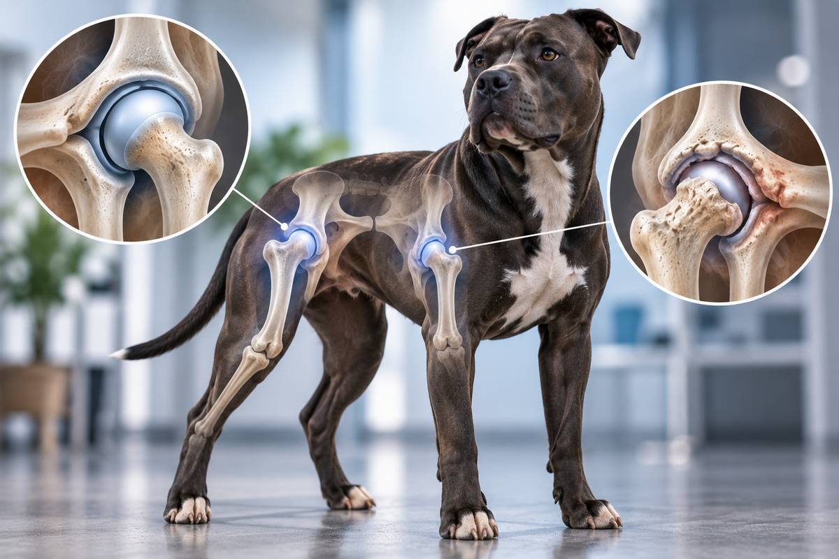 Anatomie der Hüfte beim Hund mit Darstellung einer Hüftdysplasie