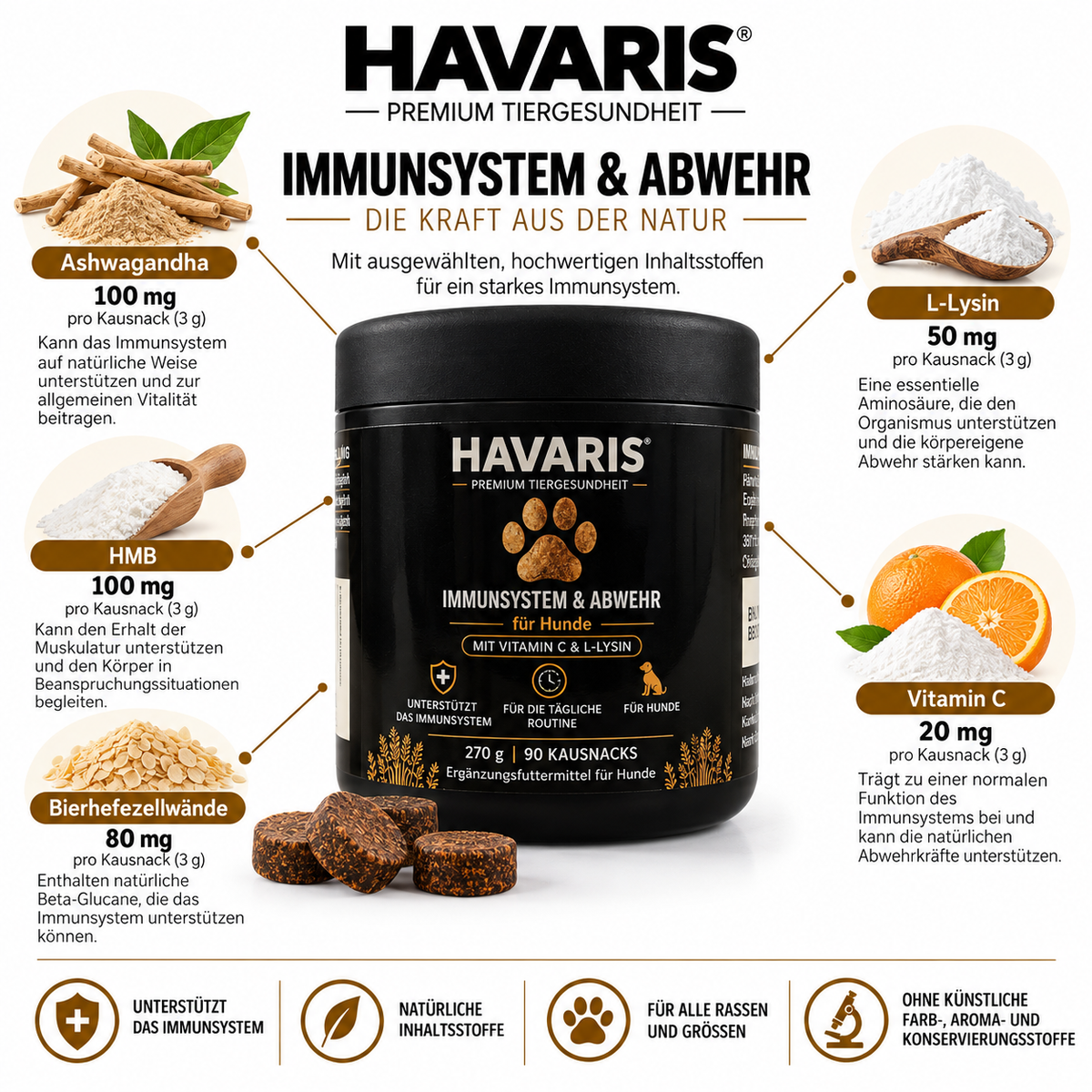 HAVARIS® Immunsystem für Hunde | 90 Kausnacks | Vitamin C & L-Lysin | 270 g