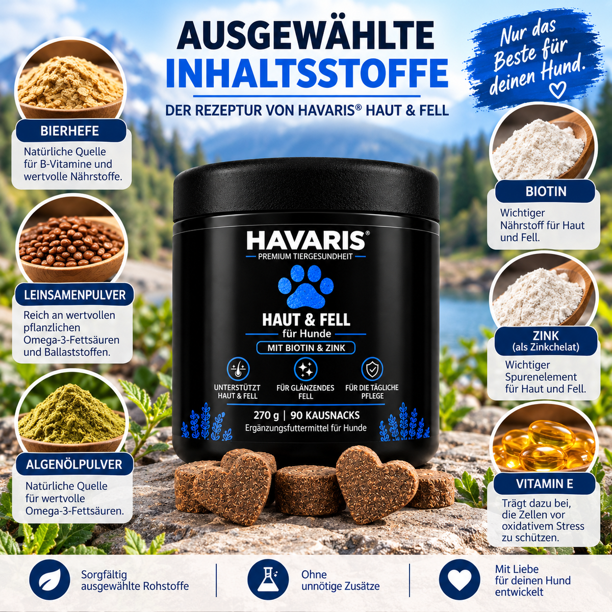 HAVARIS® Haut & Fell für Hunde | 90 Kausnacks | 270 g