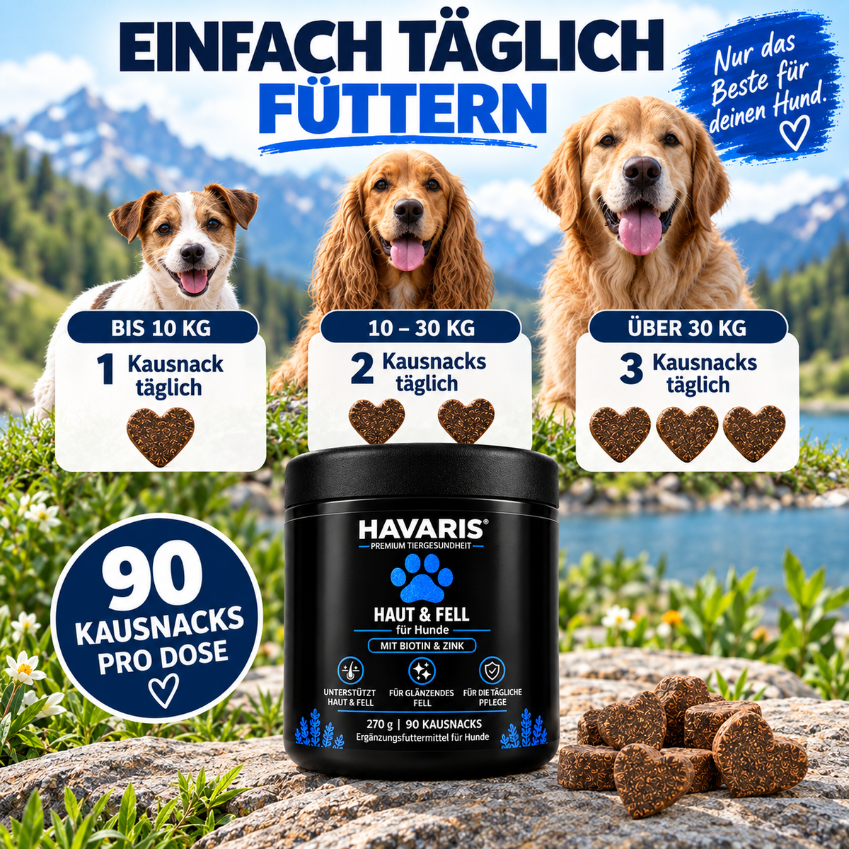 HAVARIS® Haut & Fell für Hunde | 90 Kausnacks | 270 g